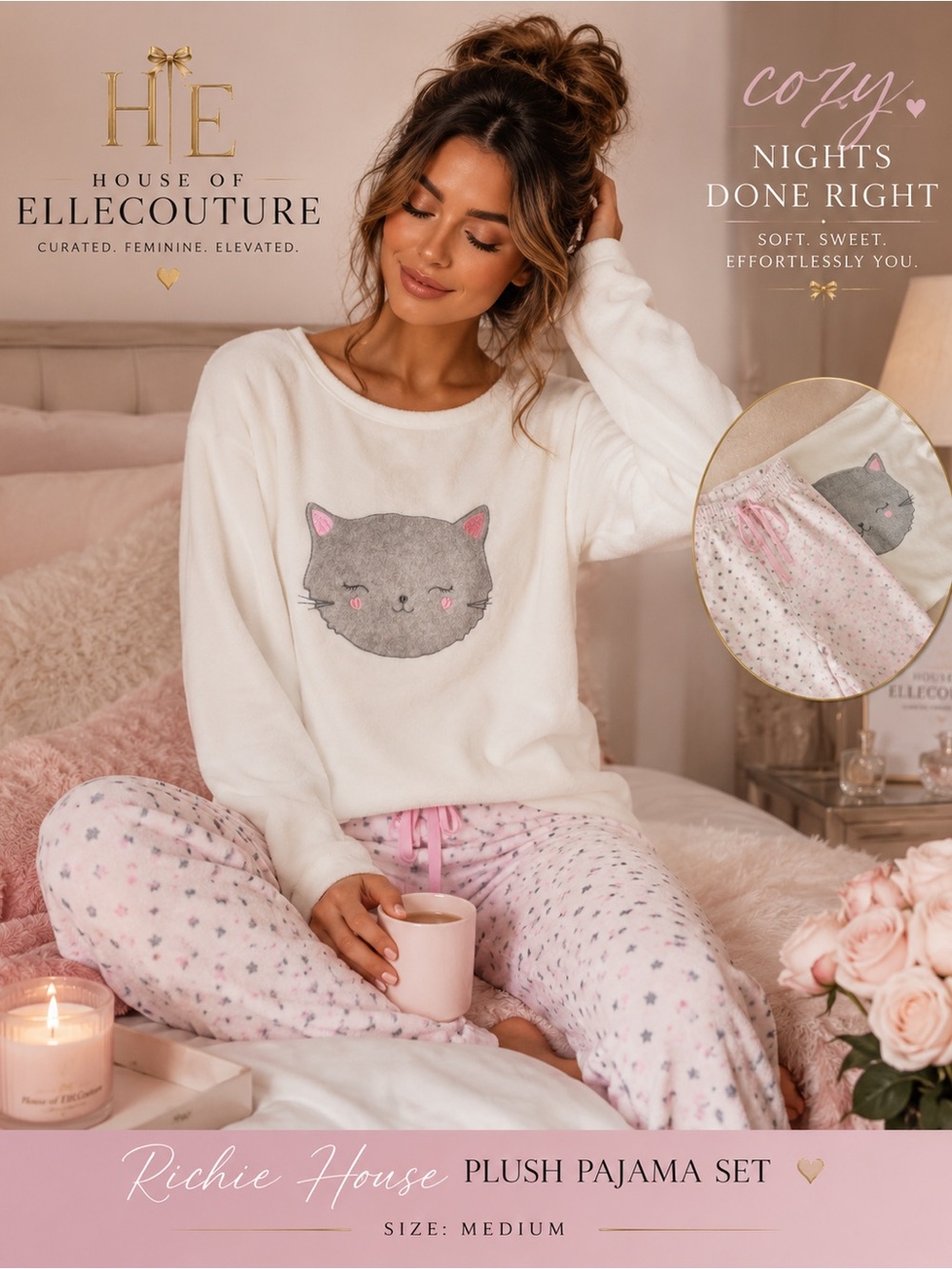 Richie House Plush Cat Pajama Set Medium Cozy Fleece Pink Heart Lounge Sleepwear